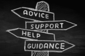 Chalkboard drawing of directional signs labeled 'Advice,' 'Support,' 'Help,' and 'Guidance' pointing in different directions.